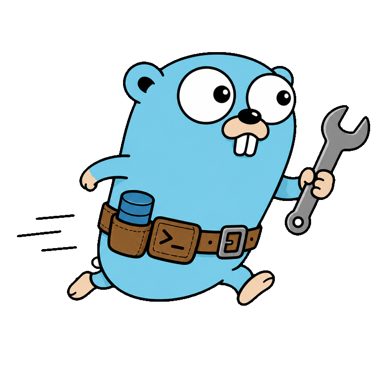 Gombit mascot: a Go gopher running with a wrench and a tool belt